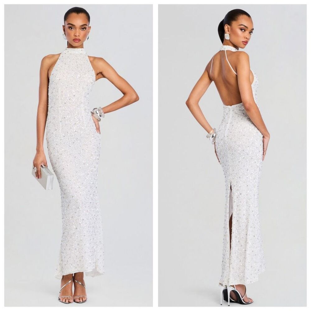Retrofete Olivia Sequin Halter Backless Maxi Dress